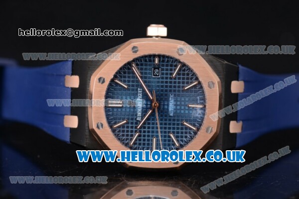 Audemars Piguet Royal Oak 36mm Asia ST16 Automatic PVD Case with Blue Dial Rose Gold Bezel and Blue Rubber Strap (EF) - Click Image to Close